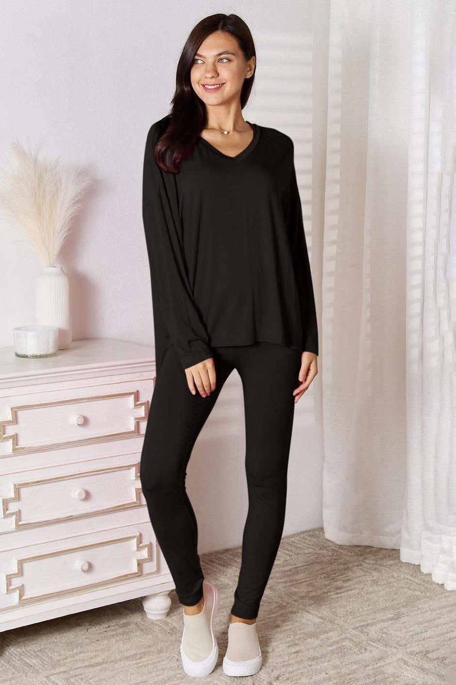 Basic Bae Full Size V-Neck Soft Rayon Long Sleeve Top and Pants Lounge Set - SwagglyLife Home & Fashion